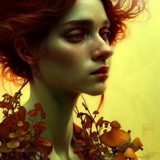 Image similar to An extremely psychedelic portrait, surreal, mushrooms, face, detailed, intricate, elegant, lithe, highly detailed, digital painting, artstation, concept art, smooth, sharp focus, illustration, art by Krenz Cushart and Artem Demura and alphonse mucha