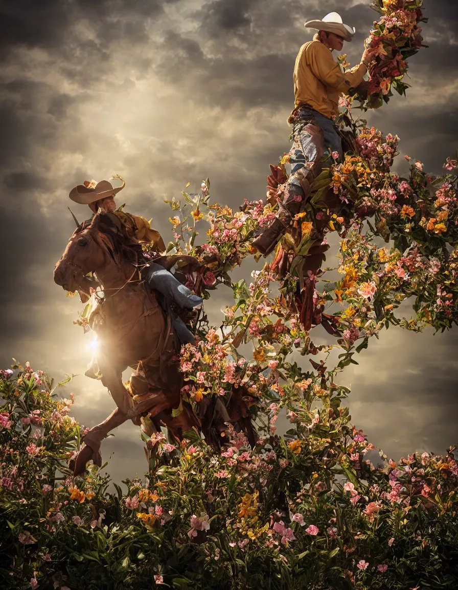 Image similar to a cowboy turning into blooms in real life. volumetric lighting, beautiful, golden hour, sharp focus, ultra detailed. by leesha hannigan, ross tran, thierry doizon, kai carpenter, ignacio fernandez rios, tropical sea slugs. bold complementary colors. 4 k, 3 5 mm, fujifilm, sculpture by antonio canova