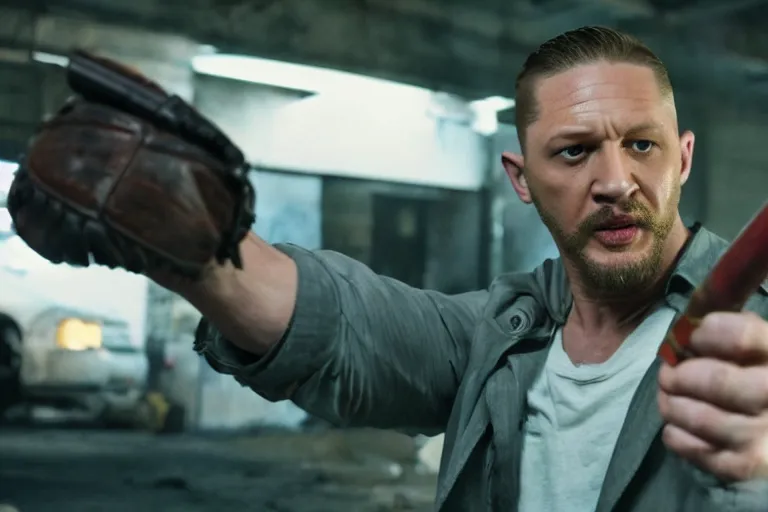 Image similar to film still of Tom Hardy as Max Payne in a body shop garage holding a baseball bat in the Max Payne movie, 4k