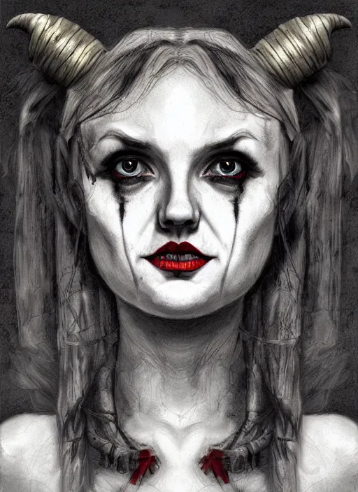 Image similar to surrealism grunge cartoon portrait sketch of lily cole as harley quinn, by michael karcz, loony toons style, freddy krueger style, horror theme, detailed, elegant, intricate