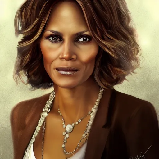 Image similar to portrait of maci holloway, first woman elected as president in usa, cold but beautiful, about 3 5 years old, highly detailed, mix of halle berry and julia roberts, artstation hd, deviantart, by artgem