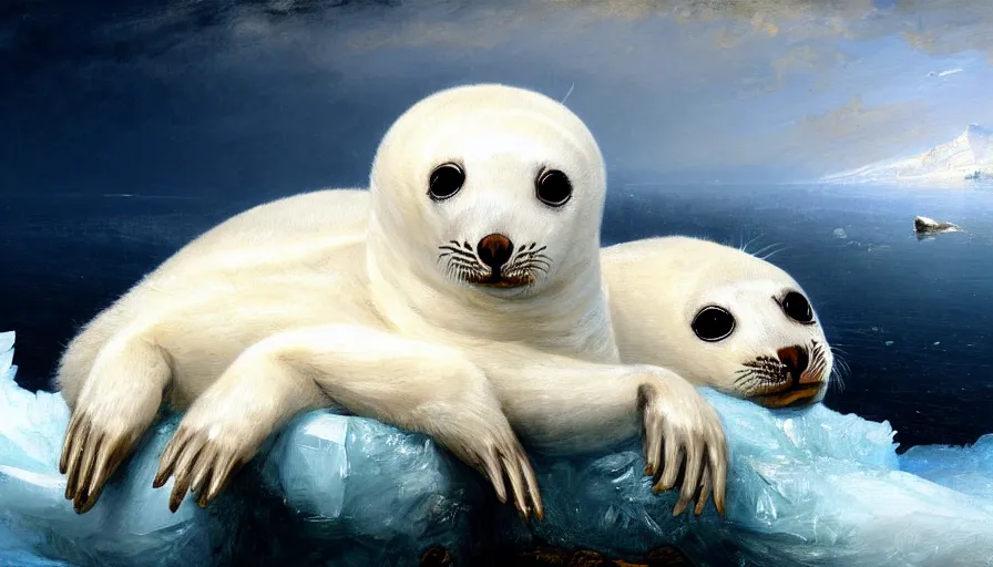 Image similar to highly detailed painting of cute furry white baby seal with antlers cuddling into each other on a blue and white iceberg by william turner, by greg rutkowski, by william constable, thick brush strokes and visible paint layers, 4 k resolution