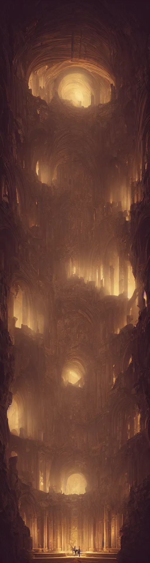 Image similar to pipe organ in an arch, obsidian walls with gold trim, by peter mohrbacher dan mumford craig mullins nekro, cgsociety, pixiv, volumetric light, 3 d render, smoke, dark fog, sunset colors