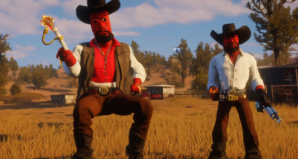 Image similar to Screenshot of Frylock from Aqua Teen Hunger Force as a 3d cowboy in full cowboy attire in the videogame 'Red Dead Redemption 2'. Sharpened. 1080p. High-res. Ultra graphical settings.