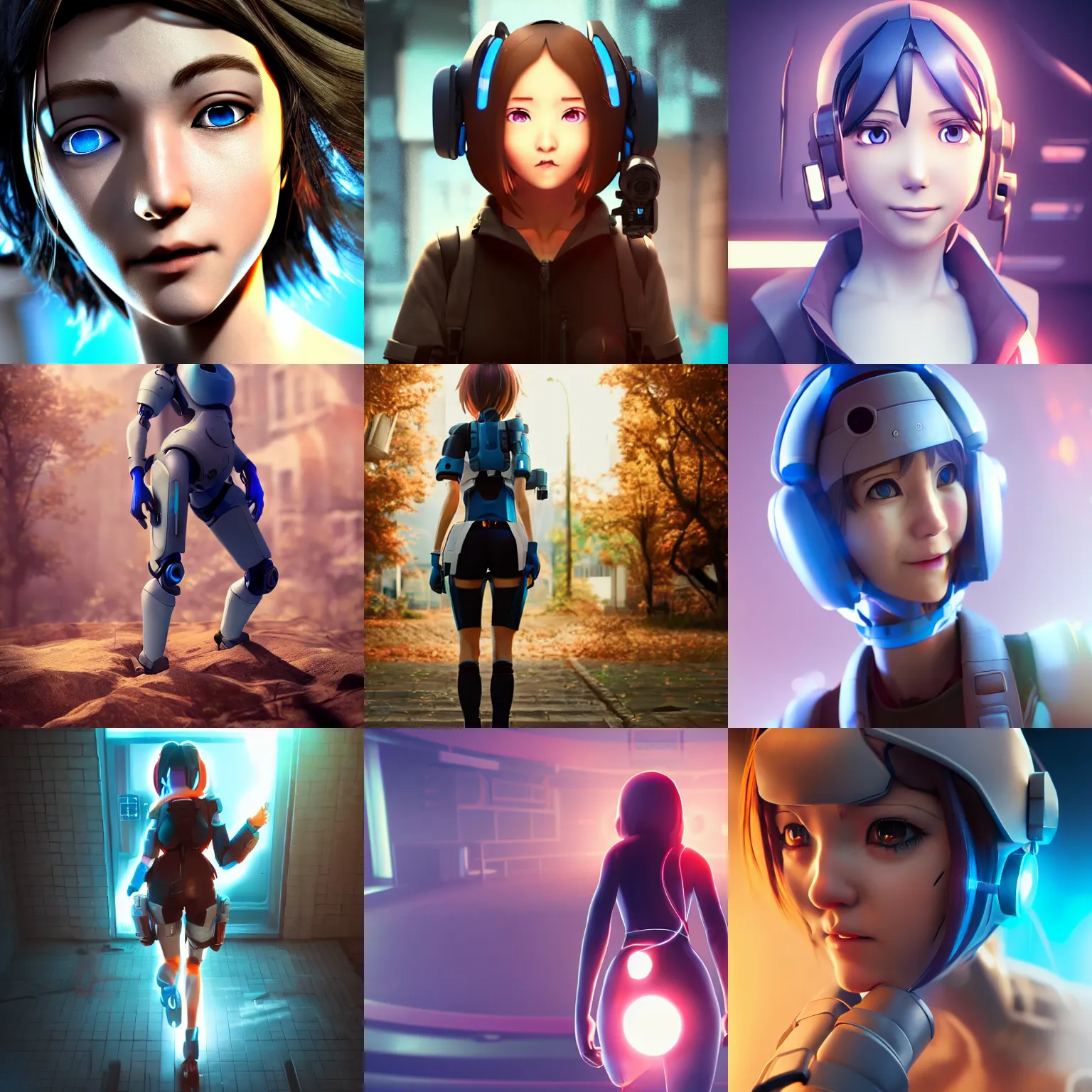 Prompt: portal game valve, anime!!! cyborg photo - realistic woman!!!! soft running, ( shy smiling face ), nice anime! ( blue eyes ), rembrandt, octane render, artstation, 5 0 mm, depth of field