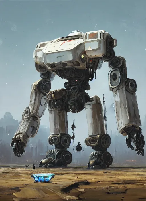 Image similar to an intricate oil painting of a giant pristine white android jagged mech robot with rounded components and tarpaulin cloak by simon stalenhag, inspired by nier : automata, clean white lab background