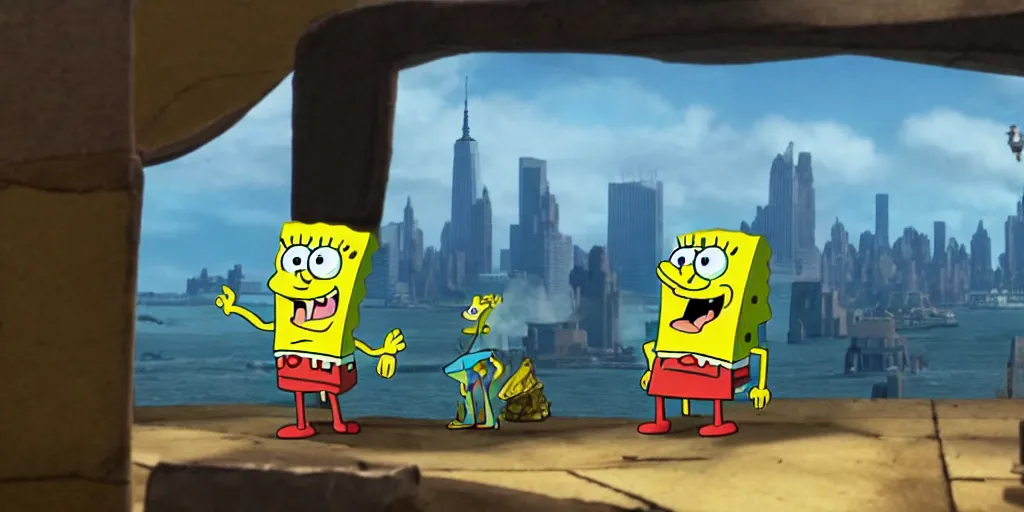 Image similar to film frame of spongebob and scooby - doo watching a destroyed new york in the distance. phatos, sad, dramatic style 4 k quality rule of thirds spongebob and scooby - doo detail cinematic color grading by christopher nolan. portrait photography. close shot