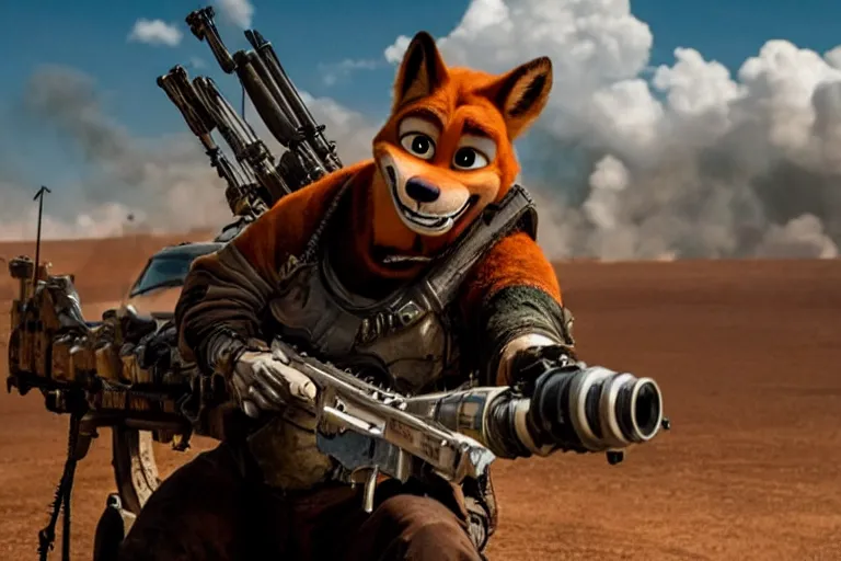 Image similar to nick wilde, heavily armed and armored facing down armageddon in a dark and gritty reboot from the makers of mad max : fury road