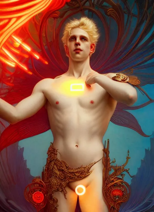 Image similar to the pale blond sun god apollo smirking, full body shot, sci fi, glowing eyes, volumetric lights, red and cyan theme, art nouveau botanicals, intricate, highly detailed, digital painting, artstation, concept art, smooth, sharp focus, cinematic, illustration, beautiful face, art by artgerm and greg rutkowski and alphonse mucha