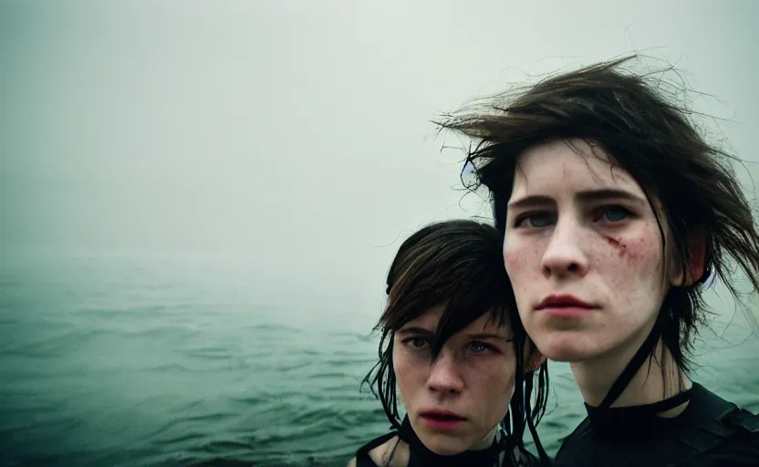 Prompt: cinestill 5 0 d candid photographic portrait by helen levitt of two loving female androids wearing rugged black mesh techwear in treacherous waters, extreme closeup, modern cyberpunk moody emotional cinematic night blue, dust storm, 8 k, hd, high resolution, 3 5 mm, f / 3 2, ultra realistic faces, ex machina