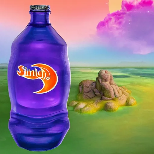 Prompt: sinbad stuck in a fanta bottle abandoned in desert with purple sky