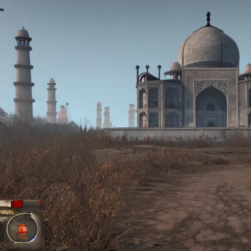 Image similar to taj mahal in ruins post - nuclear war in fallout 4, in game screenshot