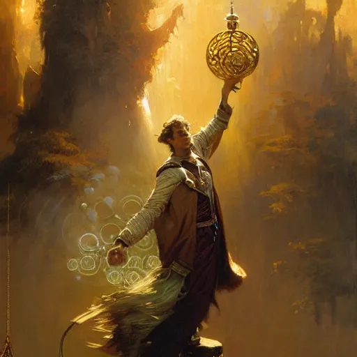 Prompt: stunning male master wizard casting float spell, highly detailed painting by gaston bussiere, craig mullins, j. c. leyendecker, 8 k