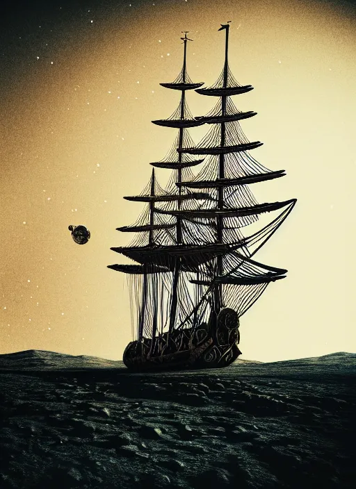 Image similar to photo of moonlanding with an old pirateship, scifi, aesthetic, fine art, intricate, elegant, highly detailed, centered, phograph, art station, conceptual art, soft, sharp focus,