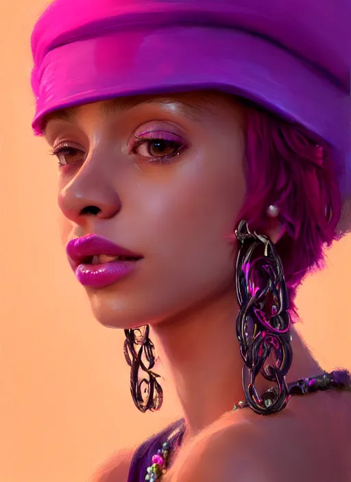 Image similar to portrait of teenage vanessa morgan with bright pink hair, vanessa morgan, curly pixie cut hair, wearing a purple breton cap, breton cap, hoop earrings, intricate, elegant, glowing lights, highly detailed, digital painting, artstation, concept art, smooth, sharp focus, illustration, art by wlop, mars ravelo and greg rutkowski