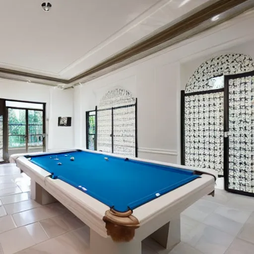 Prompt: dream poolrooms backroom with walls and ceilings of white ceramic tiles, light coming in with blue skies