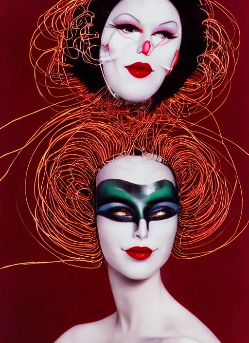 Image similar to an 8 0 s portrait of a woman with dark eye - shadow and red lips with dark slicked back hair, a mask made of wire and beads, dreaming acid - fueled hallucinations, psychedelic by serge lutens, rolf armstrong, delphin enjolras, peter elson, red cloth background, frilled blooming collar
