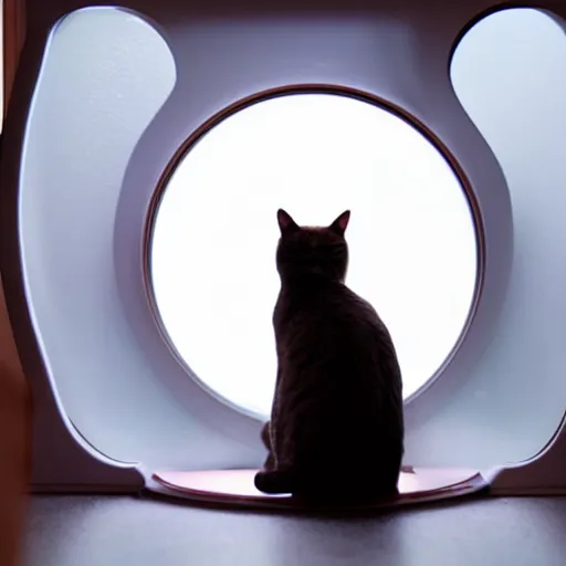 Image similar to cat watching martian landscape, standing inside a futuristic window, next to a food bowl