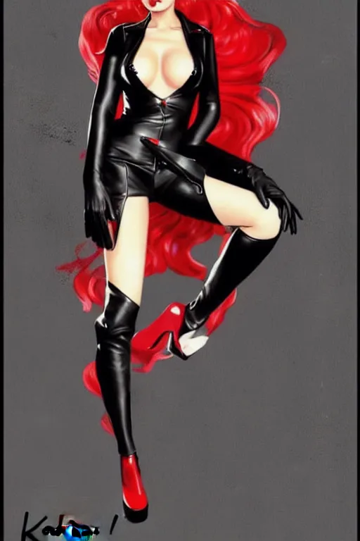 Image similar to dreamy girl character with perfect body in a nice black leather suit and red lips, very artistic pose, background in blurred, perfect lighting. professional design. great composition, illustration, highly detailed, digital painting, concept art, trending on artstation, by katsuya terada