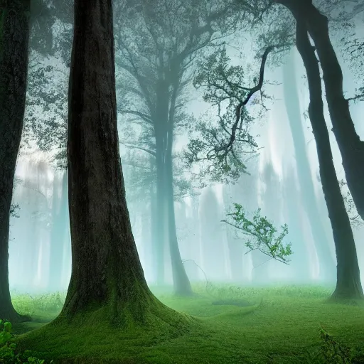 Image similar to ancient oak forest in blue hour light and misty waterfalls