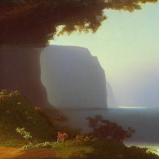 Image similar to black rainbow among cliffs, early morning, soft fog, Albert Bierstadt