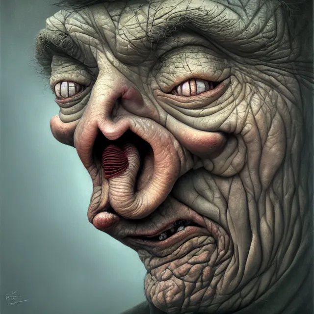 Image similar to gediminas pranckevicius | close up portrait of a the trump in the sinister valley of despair, one mouth, one nose, two eyes, oil painting by tomasz jedruszek, cinematic lighting, pen and ink, intricate line, hd, 4 k, million of likes, trending on artstation