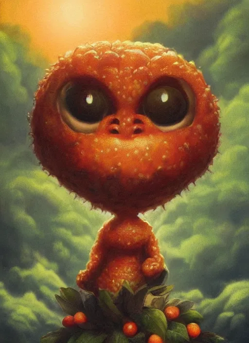 Prompt: cute small fruit monster, in clouds, sunset, in a forest, big eyes, portrait by greg hildebrandt, studio lighting, muted colors, by terry richardson, by frank frazetta, extreme detail, reflections, trending on artstation, 8 k