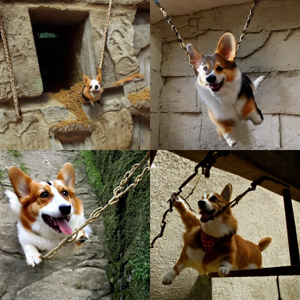 Prompt: Corgi Indiana Jones, swinging on a vine over a chasm, ancient ruins, god rays, dust in the air, golden treasures on the walls