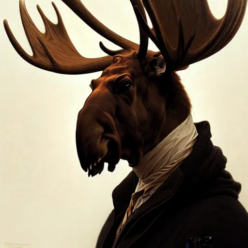 Image similar to Portrait of moose wearing an anonymous mask, fantasy, intricate, elegant, highly detailed, digital painting, artstation, concept art, smooth, sharp focus, illustration, art by Krenz Cushart and Artem Demura and alphonse mucha