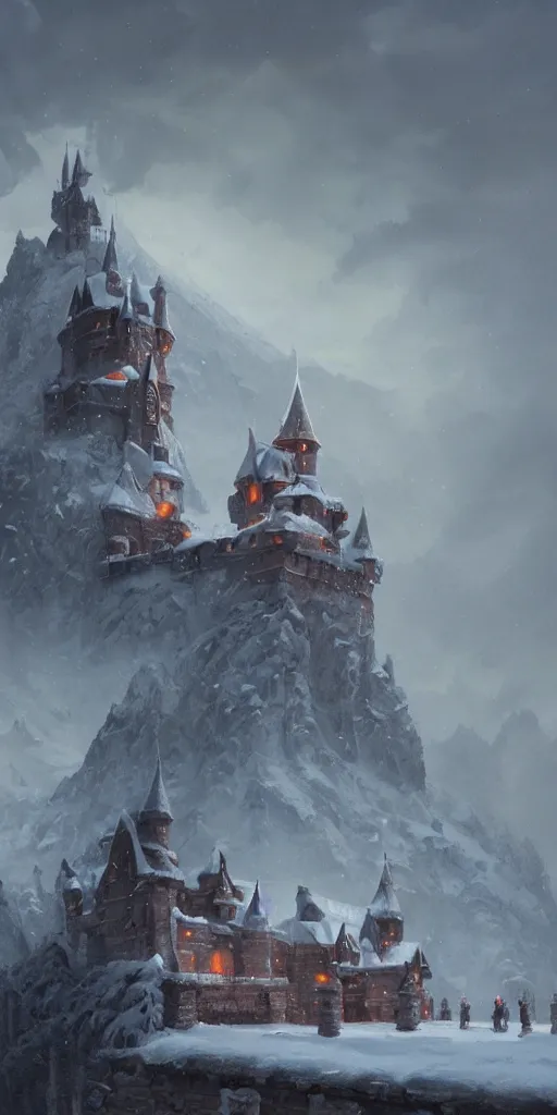 Image similar to a painting of a castle in the middle of a snowy mountain, a detailed matte painting by andreas rocha and greg rutkowski, featured on artstation, fantasy art, matte drawing, matte painting, artstation hq