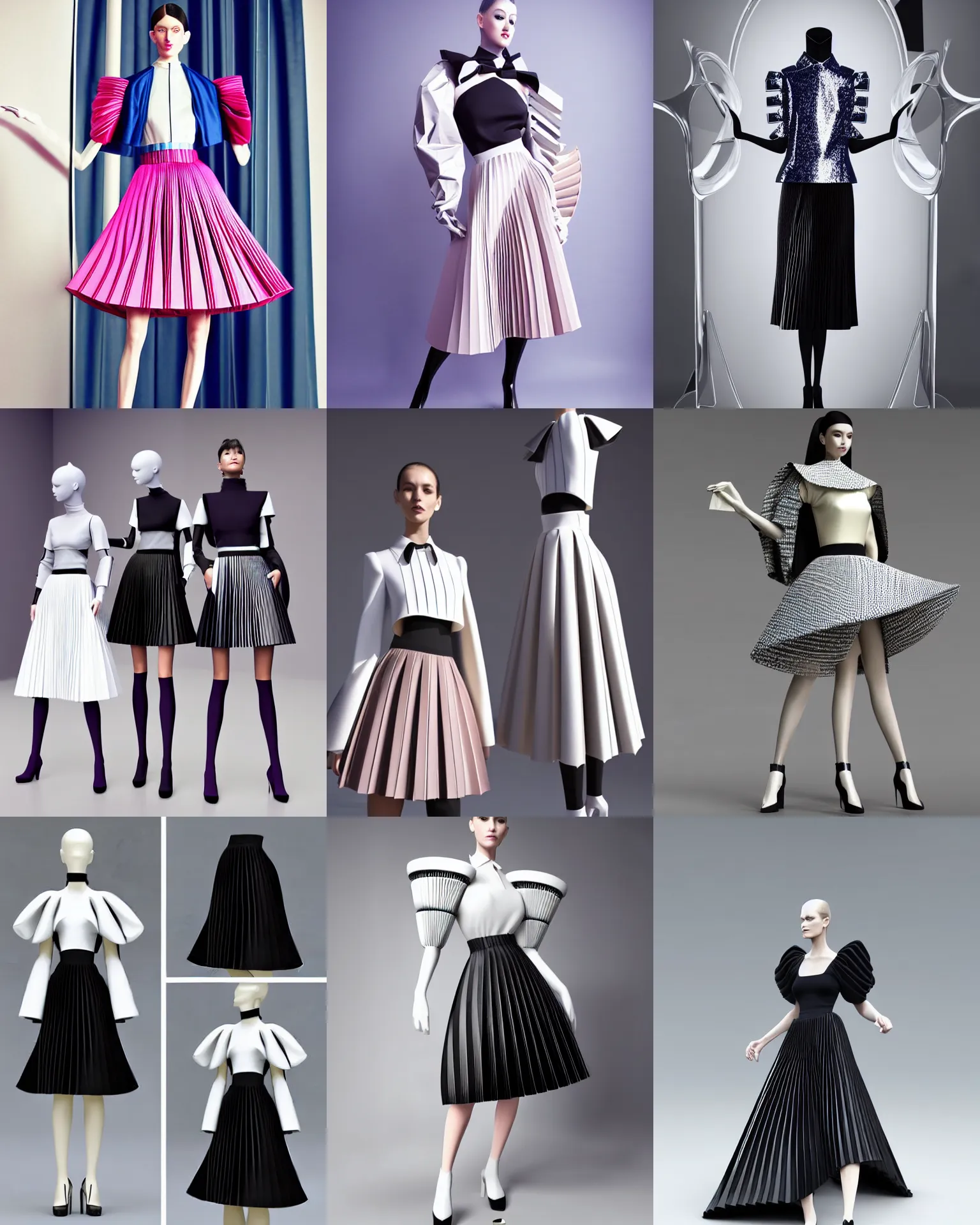 Prompt: designer magical figure collection haute couture, sailor uniform, midi skirt, coat pleats, synthetic curves striking pose, ball shaped accordion sleeve, dynamic folds, cute huge pockets hardware, volume flutter, youthful, modeled by modern designer bust, body fit, award fashion, holographic tones, expert composition, high detail, professional retouch, editorial photography