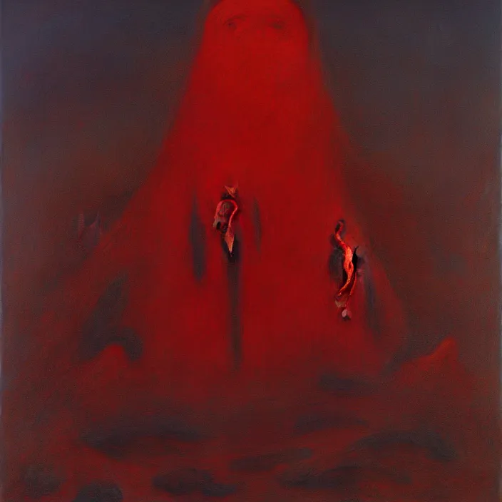 Prompt: a hellish nightmare world, by zdzisław beksinski, horror, red, surreal, oil on canvas