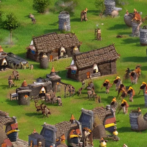 Image similar to a group of cute giant minions standing near a Town Center in the game Age of Empires, realistic minions