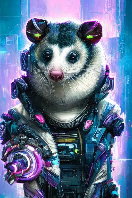 Image similar to a beautiful portrait of a cute cyberpunk opossum by sandra chevrier and greg rutkowski and wlop, purple blue color scheme, high key lighting, volumetric light, digital art, highly detailed, fine detail, intricate, ornate, complex, octane render, unreal engine, photorealistic