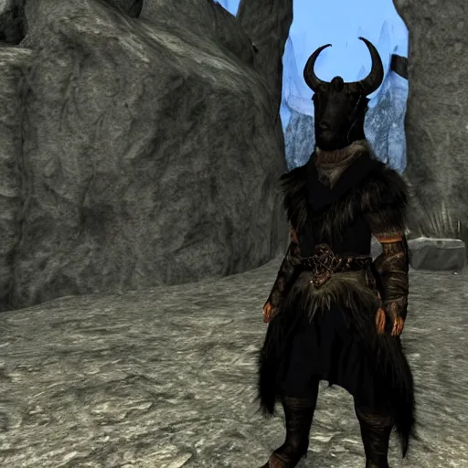 Image similar to an anthropomorphic black goat wizard in skyrim