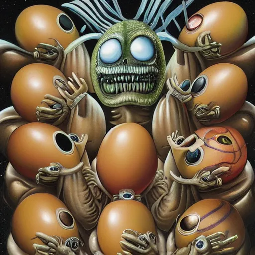 Xenomorph life cycle, eggfacehuggerdrone painting by Stable