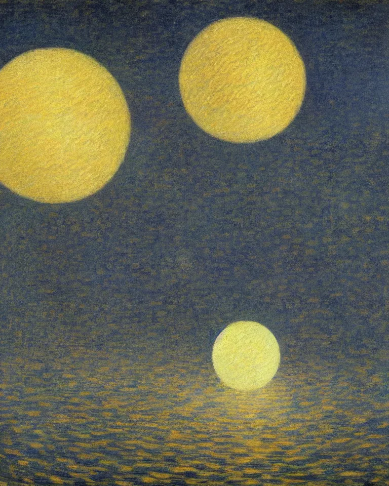 Prompt: achingly beautiful painting of a the moon on a gold background by rene magritte, monet, and turner. piranesi.