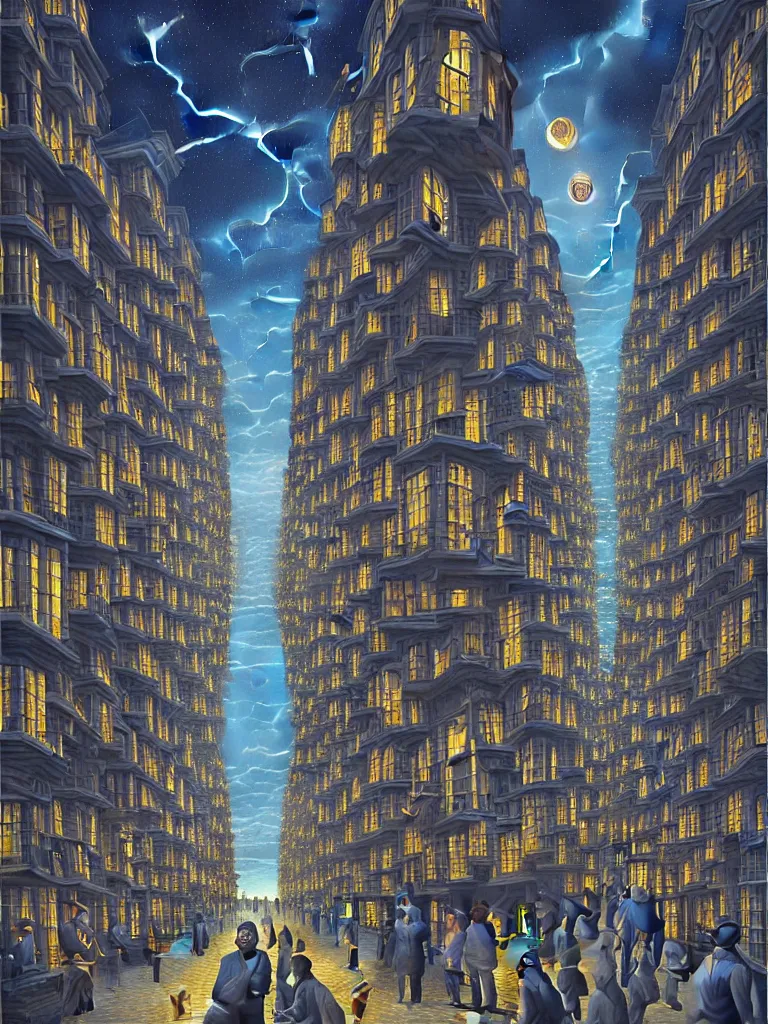 Image similar to A crowded street extending into the night sky, matte painting by Rob Gonsalves, in the style of Salvador Dalí, surrealism, magic realism, optical illusion art