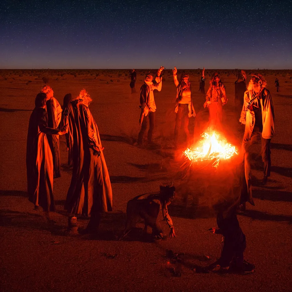 Prompt: atmospheric long exposure night photograph of three ravers, two men, one woman, woman is in a trenchcoat, blessing the soil at night, people facing fire circle, two aboriginal elders, dancefloor kismet, diverse costumes, clean composition, starlight bokeh, desert transition area, bonfire, atmospheric night, australian desert, symmetry, sony a 7 r