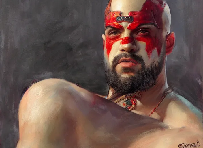 Prompt: a highly detailed beautiful portrait of bad bunny as kratos, by gregory manchess, james gurney, james jean