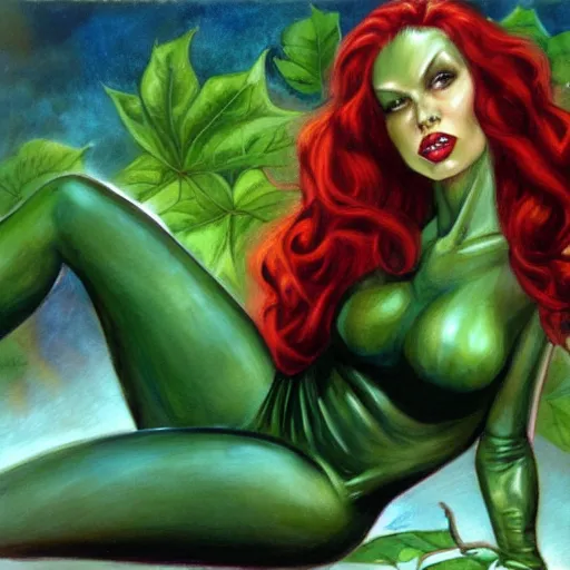 Image similar to poison ivy from batman, painting by Julie Bell