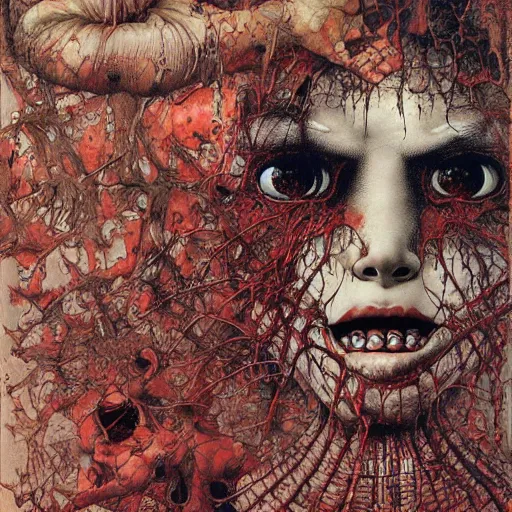 Image similar to realistic detailed image of a Horrific Crime Scene, Shintaro Kago, Kentaro Miura, Neo-Gothic, grotesque, rich deep colors. Beksinski painting, part by Adrian Ghenie and Gerhard Richter. art by Takato Yamamoto. masterpiece