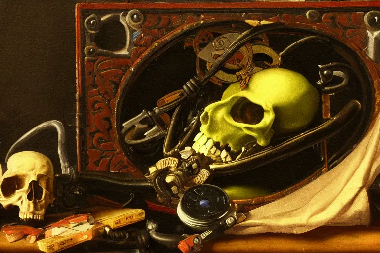 Image similar to a vanitas painting depicting an NVIDIA RTX A100 GPU, graphics card