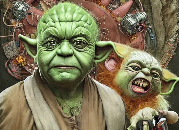 Image similar to a highly detailed portrait of Danny Devito as a crazy laughing drunk Yoda on a bad ketamine drug trip, pale green skin, descent into lunacy and madness, dizzy, trippy, artstation, cgsociety, very detailed, intricate, detailed illustration, by artgerm and greg rutkowski and alphonse mucha, sharp, smooth, masterpiece