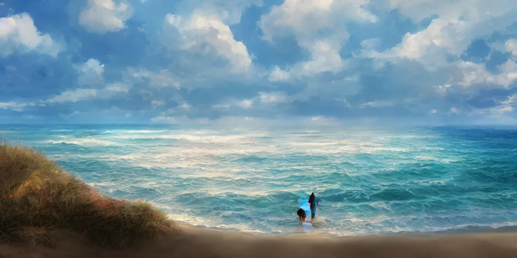 Prompt: a beach, cinematic angle, studio Ghibli, by Mokoto Shinkai, volumetric lighting, breathtaking, beautiful composition, elegant, digital art, detailed, oil painting, hyperrealistic, sharp focus, 8k