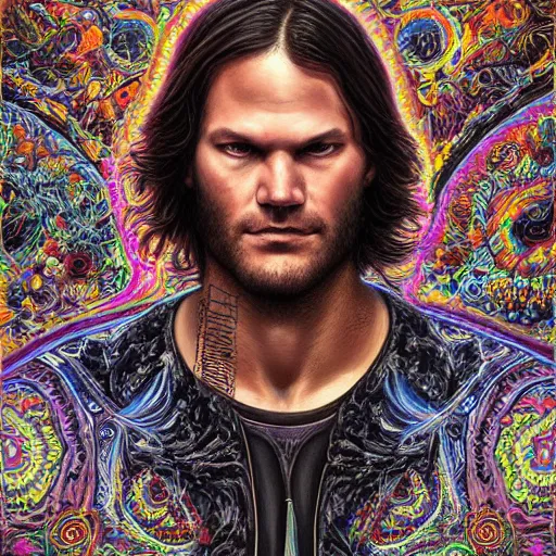 Image similar to portrait of jared padalecki, hyper detailed masterpiece, neon floral pattern, jean giraud, digital art painting, darkwave goth aesthetic, psychedelic, artgerm, donato giancola and tom bagshaw