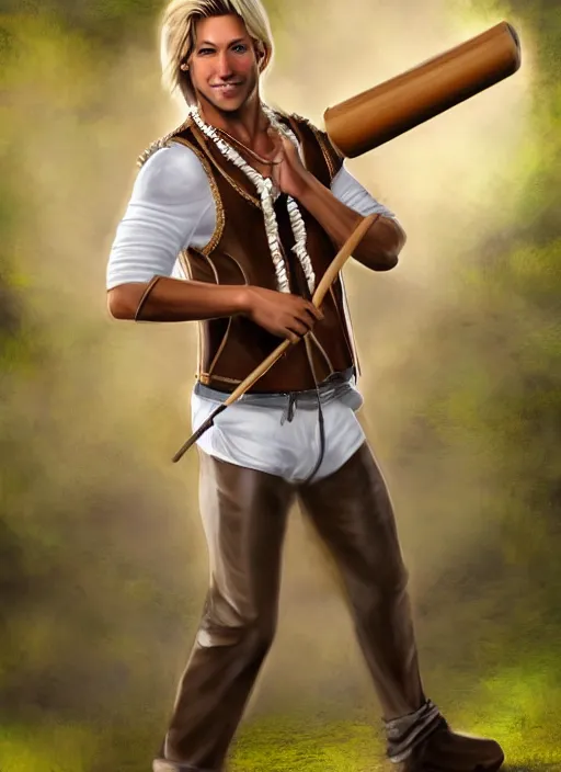 Image similar to a male ranger with a bongo drum and holding nunchaku, wearing a leather vest and white linen pants, chiseled good looks, long swept back blond hair, puka shell necklace, dnd, digital art