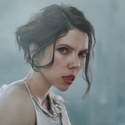 Prompt: a beautiful medium - shot still of scarlett johansson from ghost in the shell looking off into the distance, black hairs with sleek angled bob hairstyle, ultra realistic, soft, blue hour, soft neons light from night city falling on her face. focus on her eyes and brows. by annie leibowitz