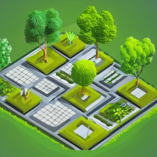 Prompt: beautiful isometric garden, trees and plants, futuristic, ideal, zen, dramatic lighting