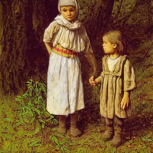 Prompt: a young, poor peasant brother and sister in the forest, wearing peasant clothing, by james gurney and ivan shiskin